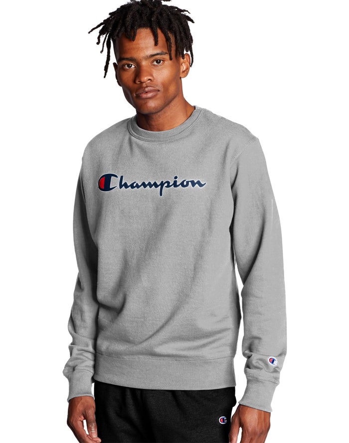 Champion Powerblend Crew Script Logo Grey Sweatshirt Mens - South Africa BYMTJH265